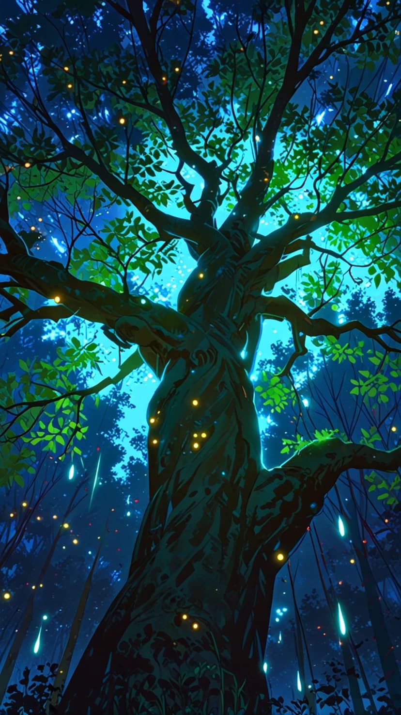 Towering tree with gnarled branches illuminated by floating golden orbs and a deep blue twilight sky in a forest.