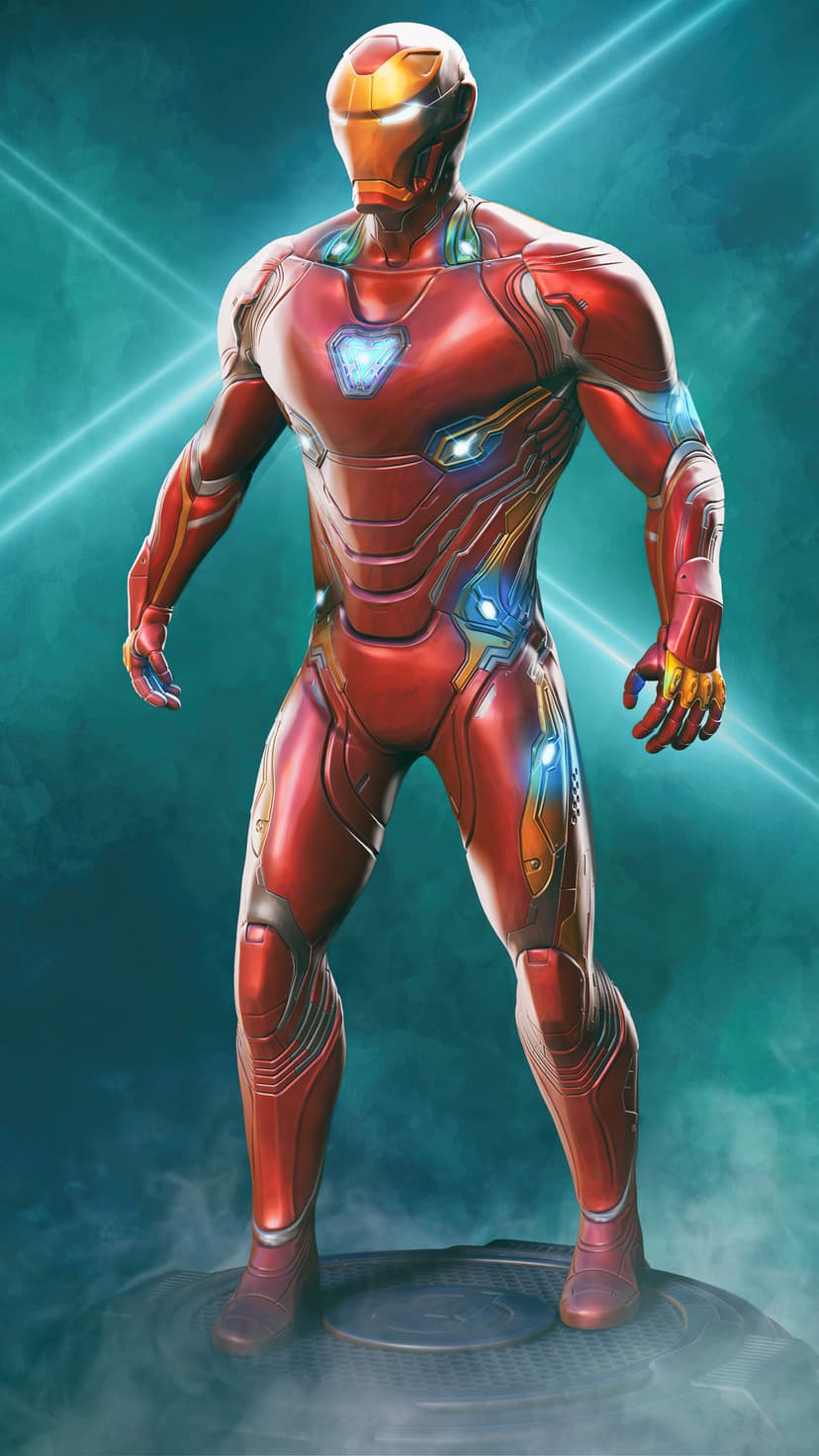 Iron Man wears red and gold mechanical armor with glowing blue eyes and chest plate against a dark backdrop.