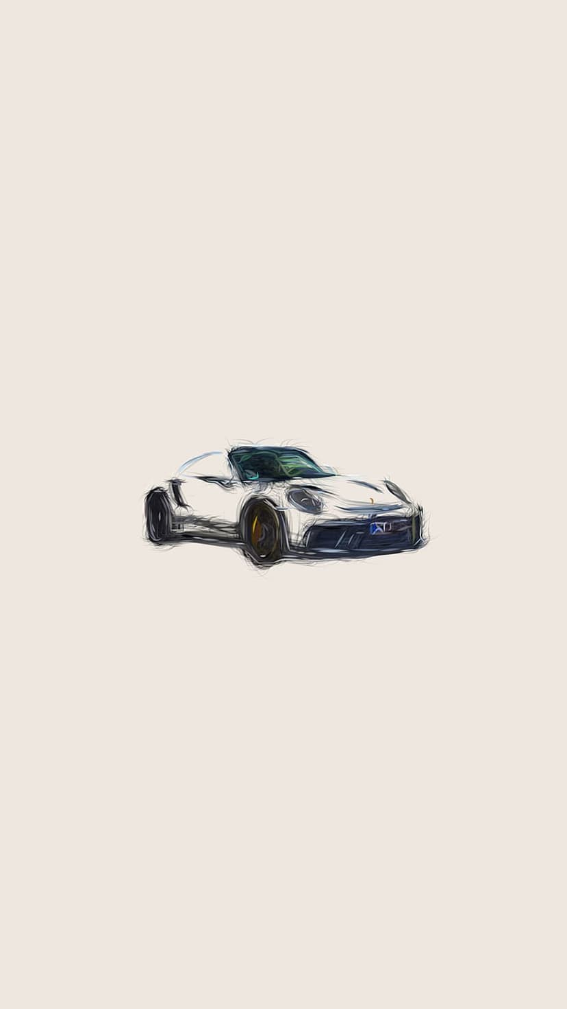 White Porsche 911 sports car with visible brushstrokes and aerodynamic lines on a light beige background.