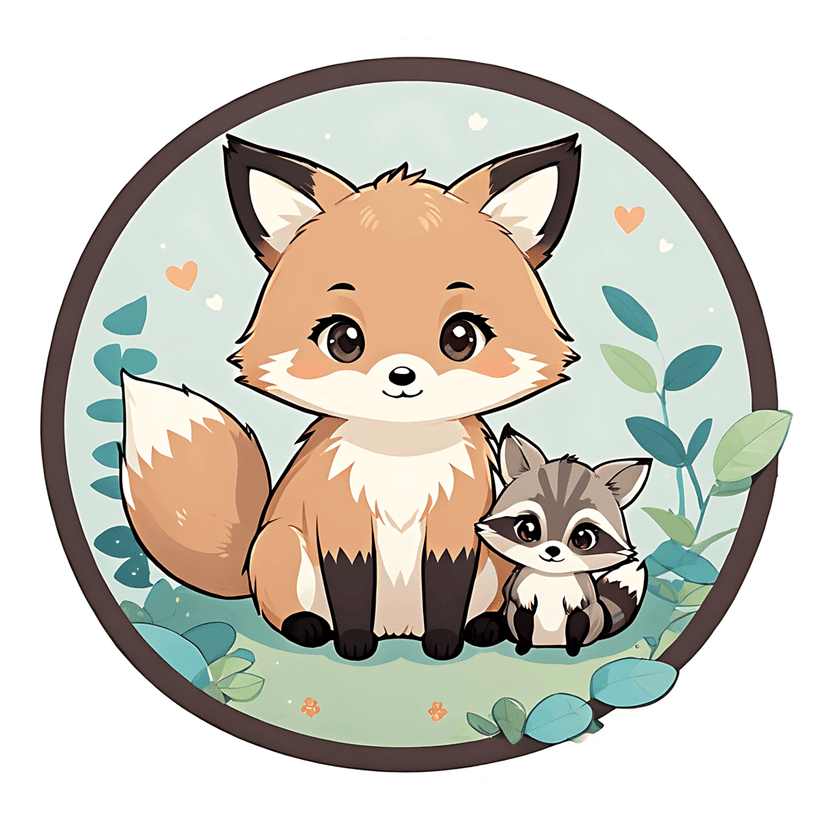 Fox raccoon vector sticker sitting within a blue circular frame with teal leaves and small heart shapes.