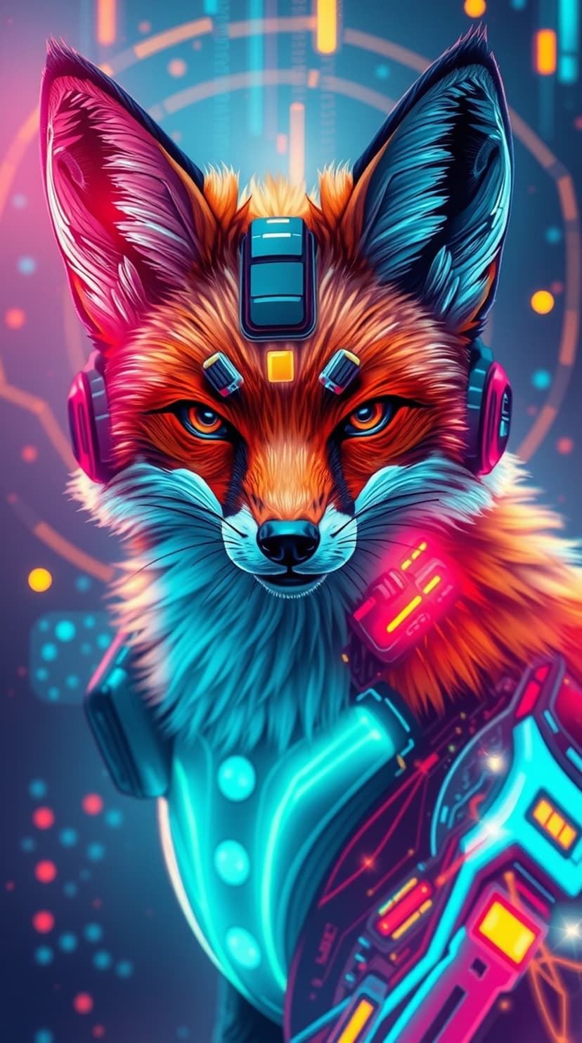 Cybernetic fox with glowing blue eyes and pink robotic enhancements stares forward in a dark sci-fi setting.