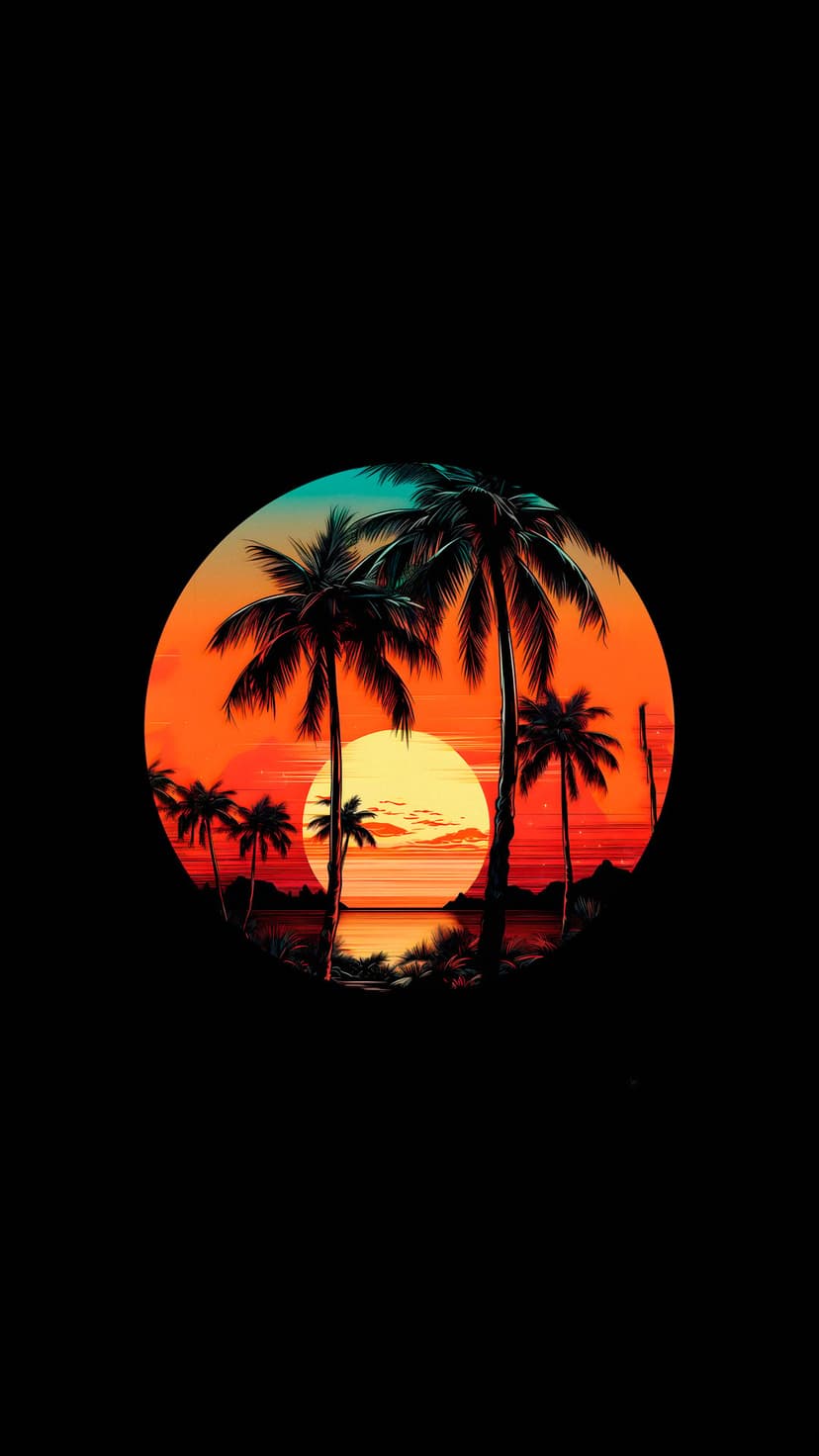 Slender palm trees silhouetted against a vibrant orange and yellow sunset sky over a calm tropical ocean horizon.