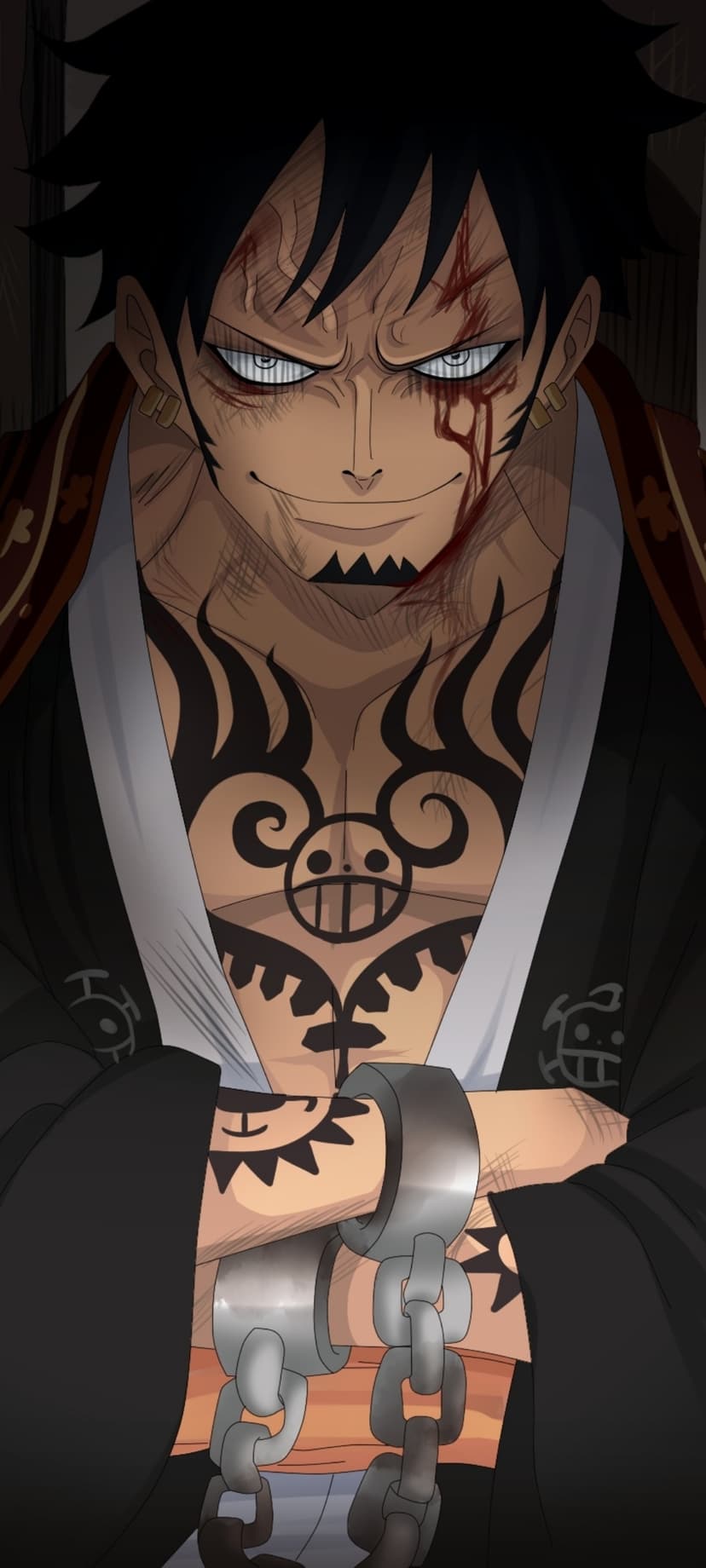 Trafalgar Law with intense blue eyes, facial scars, and chest tattoos wearing Japanese robes and wrist chains.