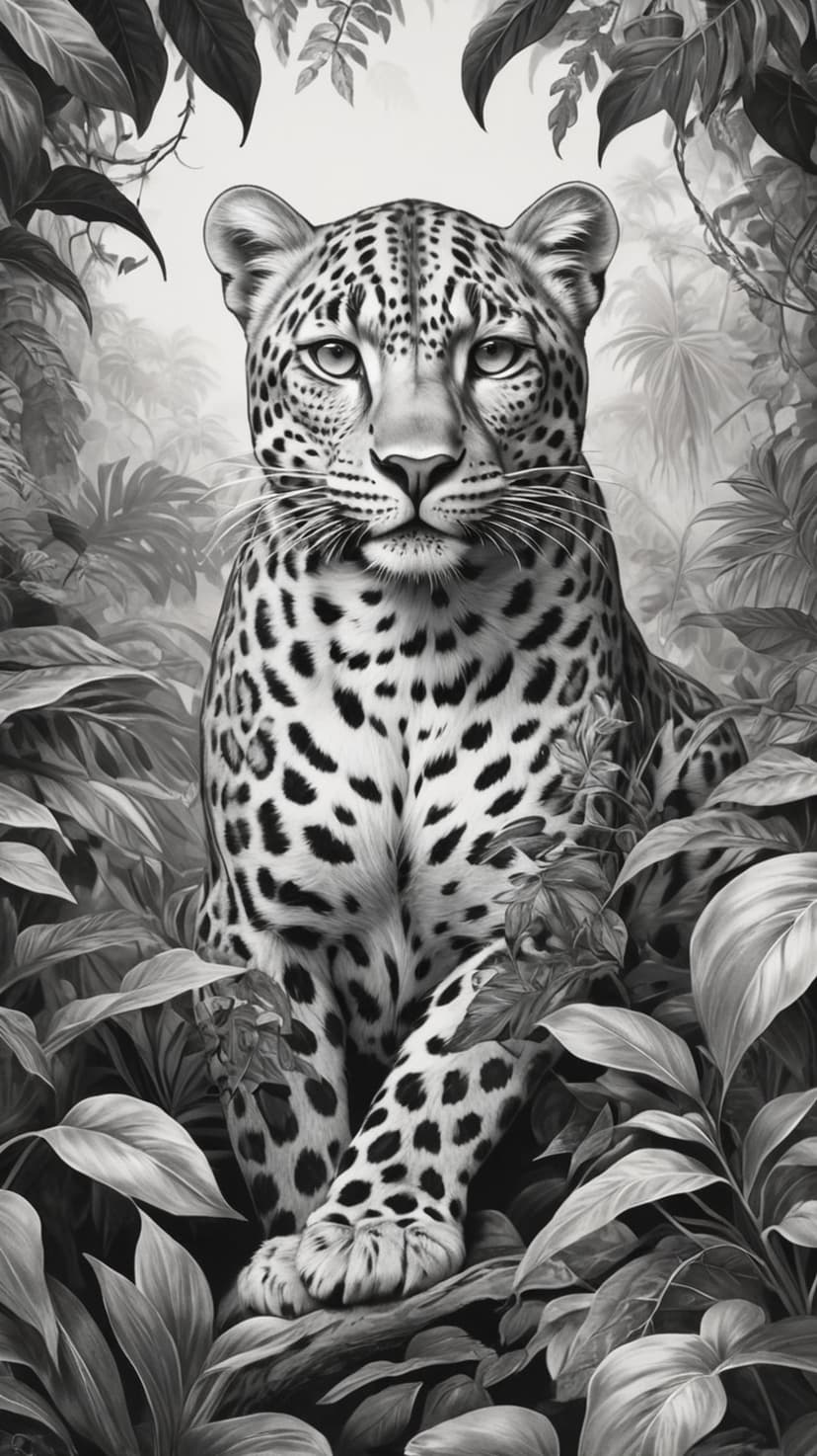 Leopard with spotted fur gazes from behind large tropical leaves in a high-contrast black and white portrait.