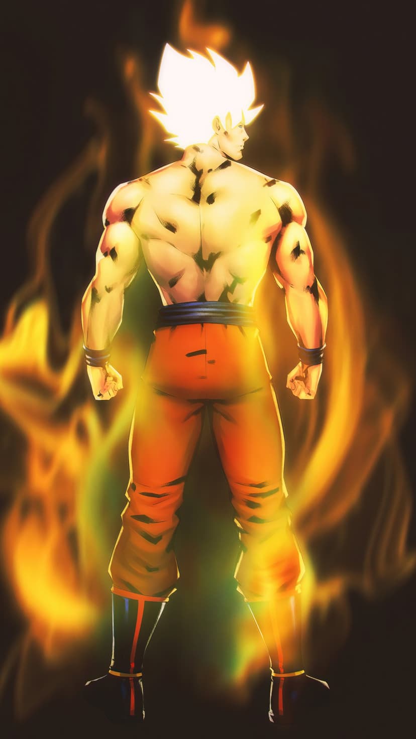 Shirtless muscular warrior with spiky white hair and a blazing orange aura viewed from behind in orange pants.