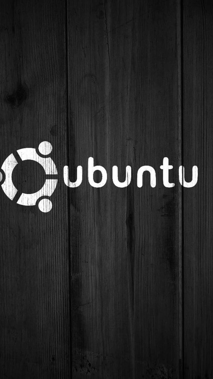 Ubuntu logo and text centered on a dark vertical wood grain background with deep textures and white accents.