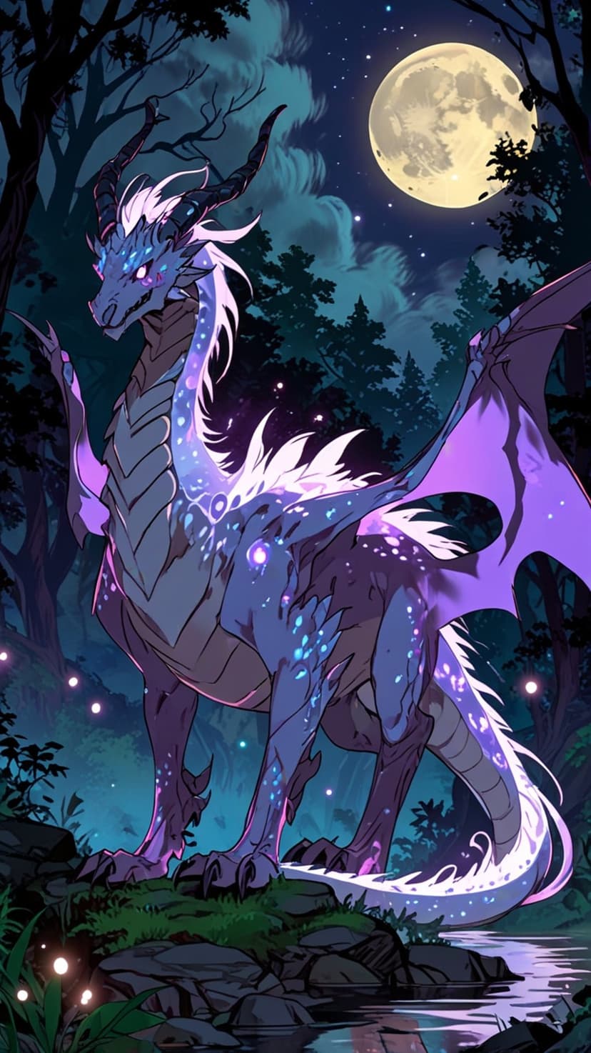Iridescent dragon with purple wings and starry scales stands by a moonlit stream in a dark enchanted forest.