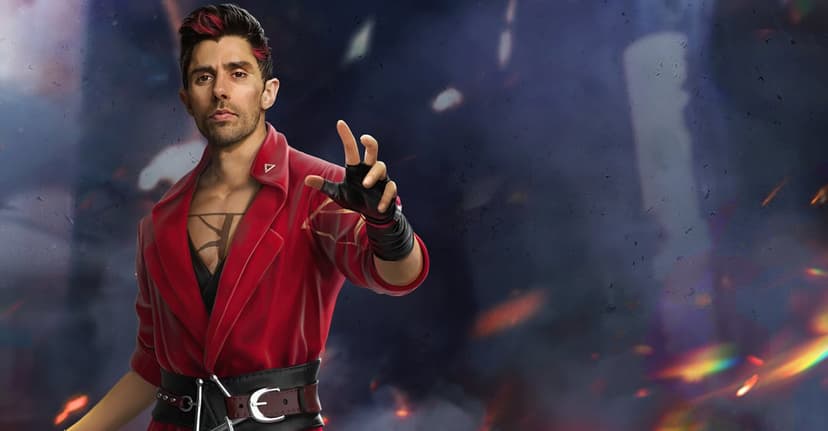 Man in red jacket with a chest tattoo and black glove reaching forward against a dark smoky background with embers.
