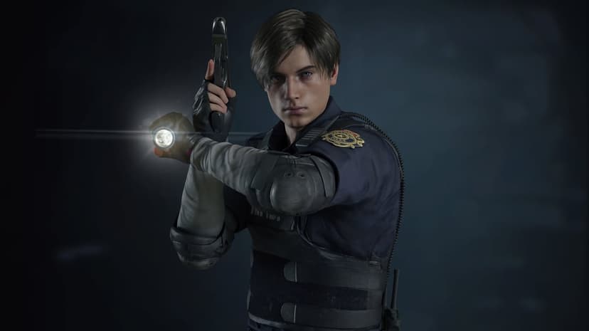 Leon Kennedy in R.P.D. uniform holds a handgun and flashlight against a dark blue atmospheric background.