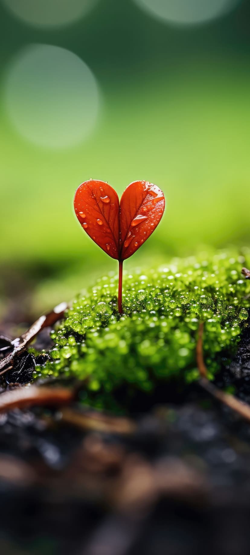 Red heart-shaped seedling covered in dew drops emerges from green moss with a soft bokeh forest background.