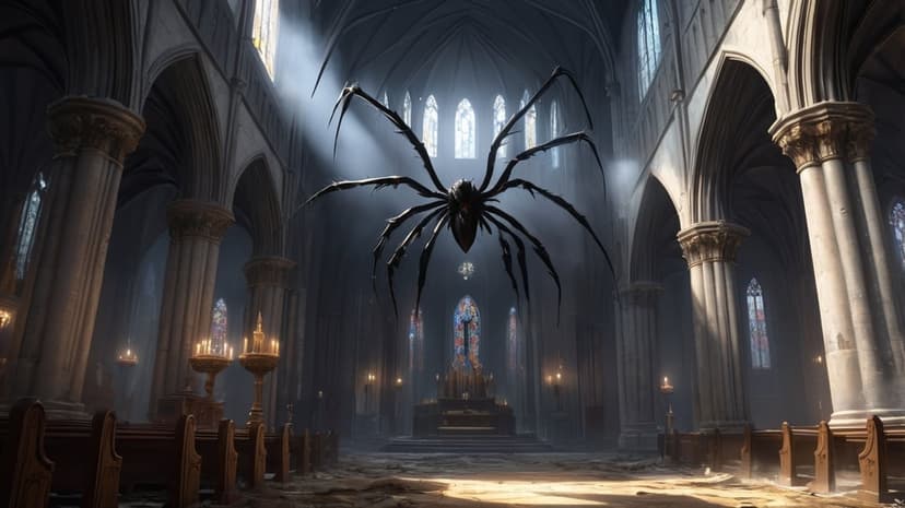 Colossal spider hanging from a vaulted cathedral ceiling as sunlight illuminates an altar and empty pews.