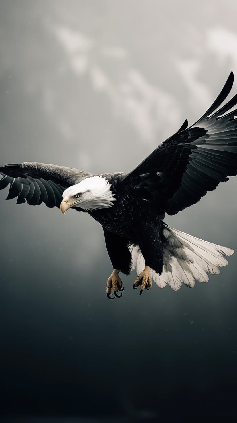 Bald eagle with outstretched wings soars against a moody gray sky, highlighting its white head and dark plumage.