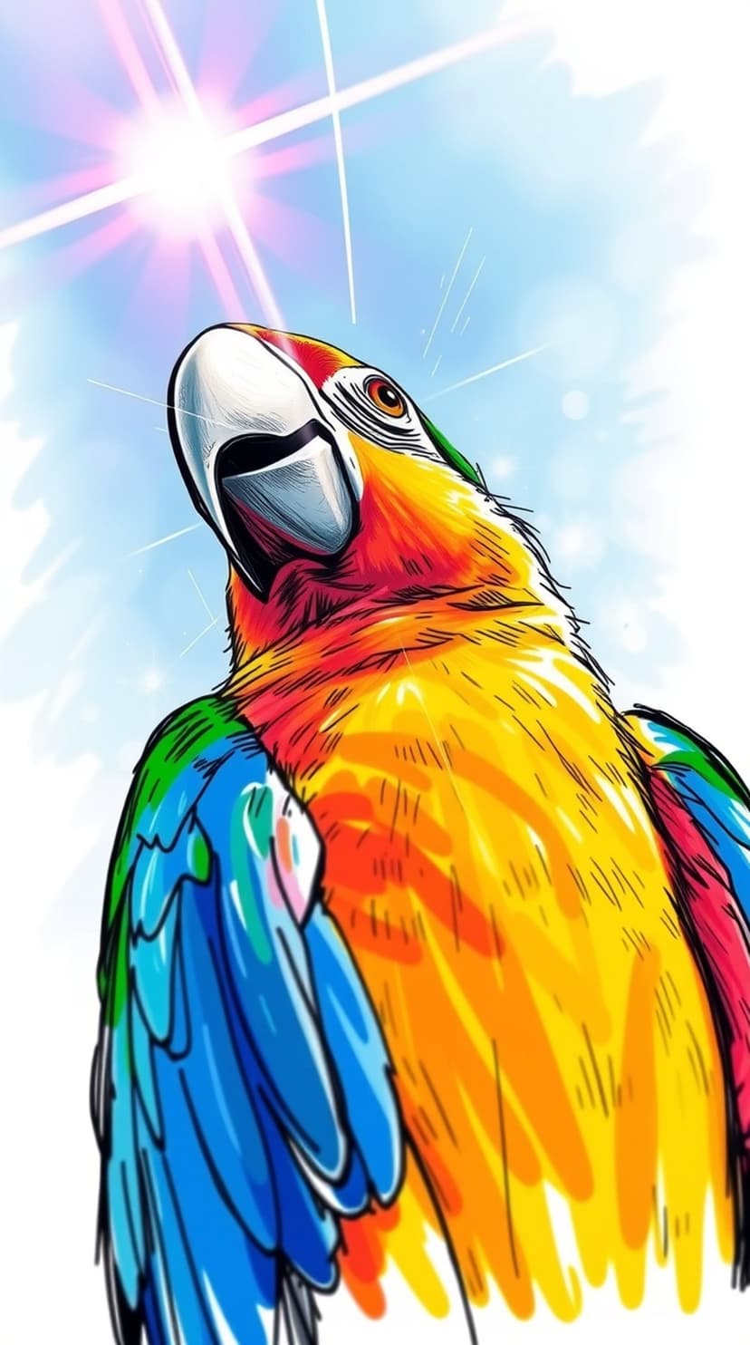 Macaw parrot with colorful feathers looking up at a bright yellow sun with light rays in a clear blue sky.
