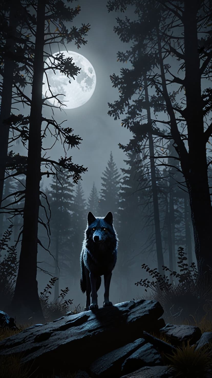 Black wolf standing on rocks amidst misty pine trees under a glowing full moon in a dark night sky.