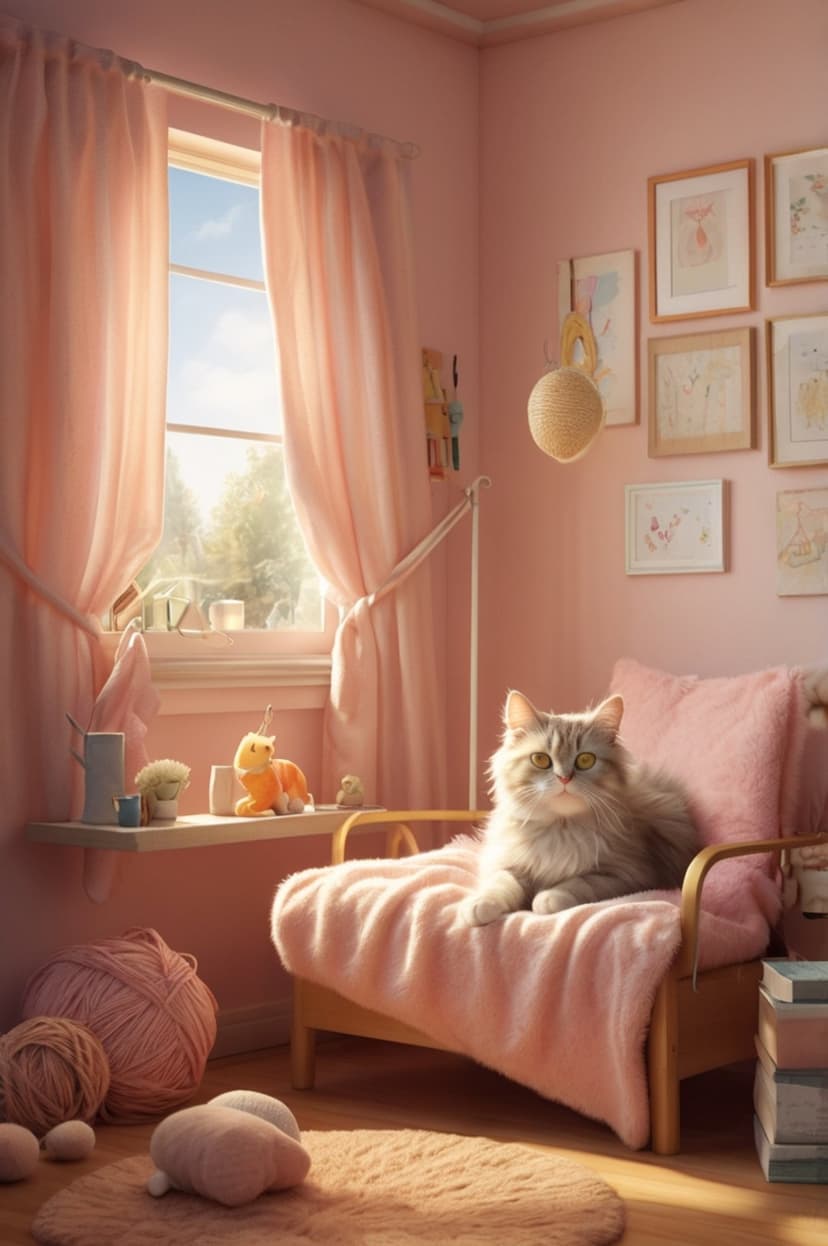 Fluffy gray cat sleeping on a pink velvet armchair beside balls of yarn in a sun-drenched pastel-colored room.