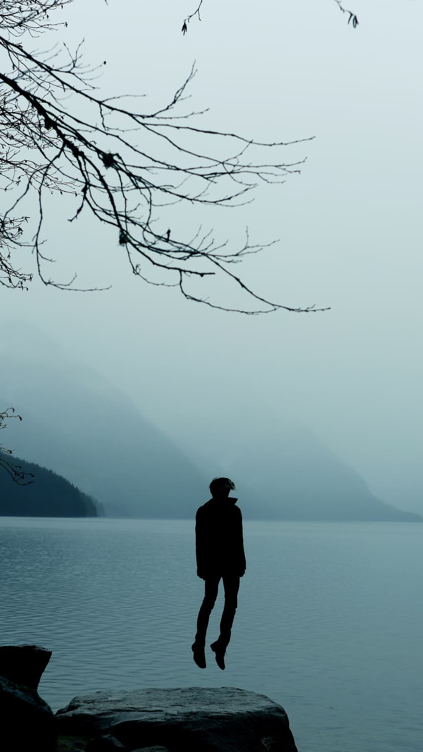Solitary silhouette levitating above a jagged rock overlooking thick mist and distant light rays through trees.