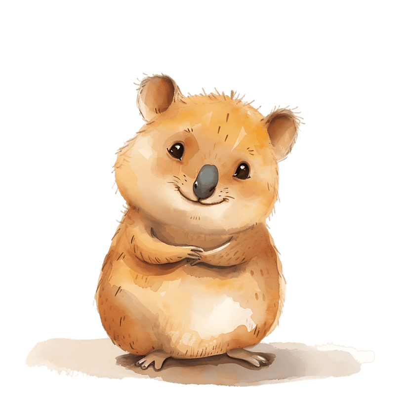 Smiling watercolor quokka portrait featuring folded paws, brown fur textures, and artistic paint splatters.