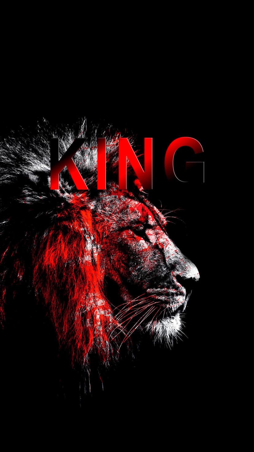 Lion head in profile with a thick mane and the word KING in red lettering against a dark black background.