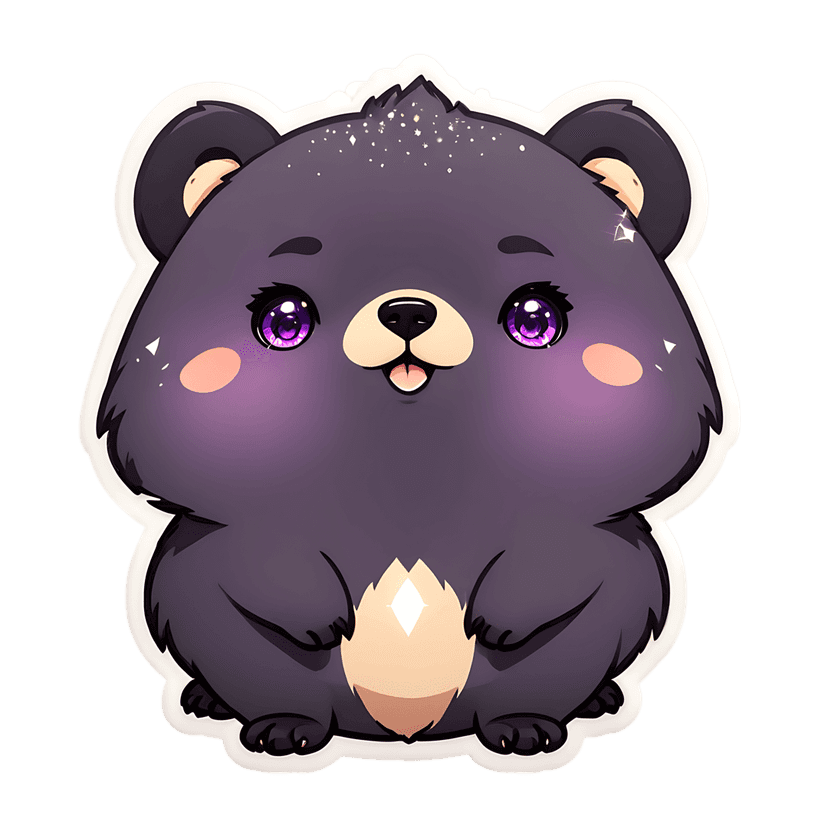 Purple bear cub sticker with glossy eyes and a beige chest patch sits facing forward on a white outline background.