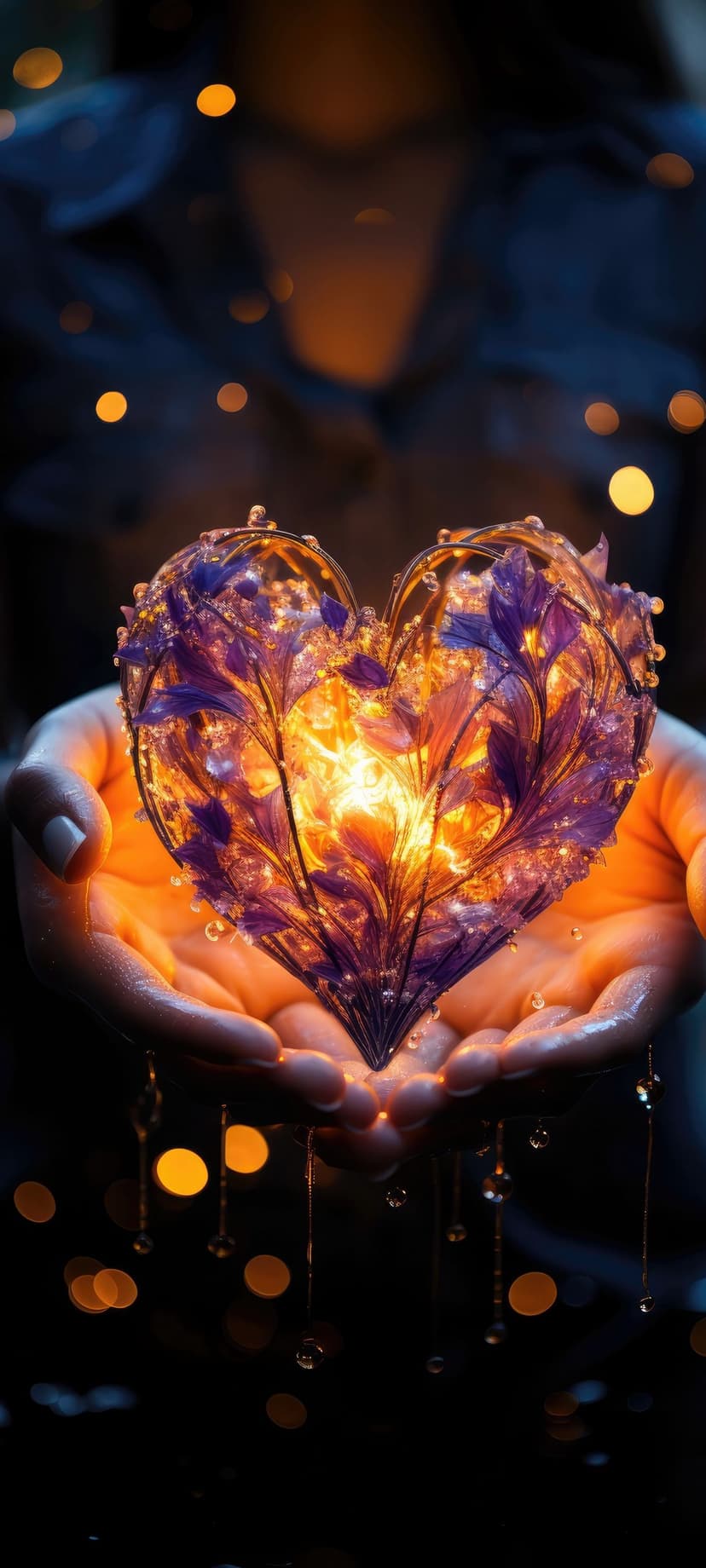 Cupped hands hold a glowing heart lantern decorated with purple petals and crystals as water droplets fall.