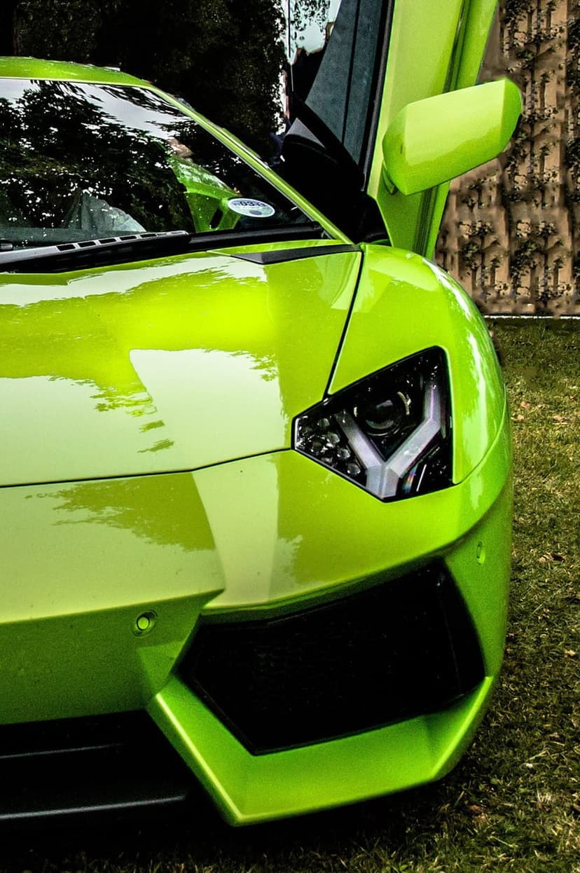 Green Lamborghini Aventador supercar featuring open scissor doors and sharp LED headlights on a lawn.