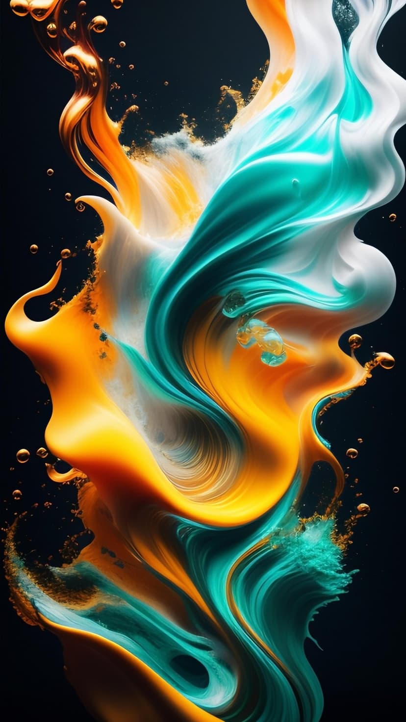 Swirling orange and teal paint waves with tiny gold droplets and white highlights on a dark vertical background.