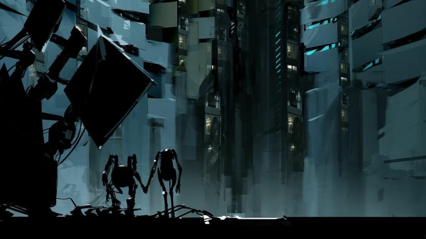 Silhouette of Atlas and P-body holding hands in a dark blue geometric industrial facility with glowing lights.