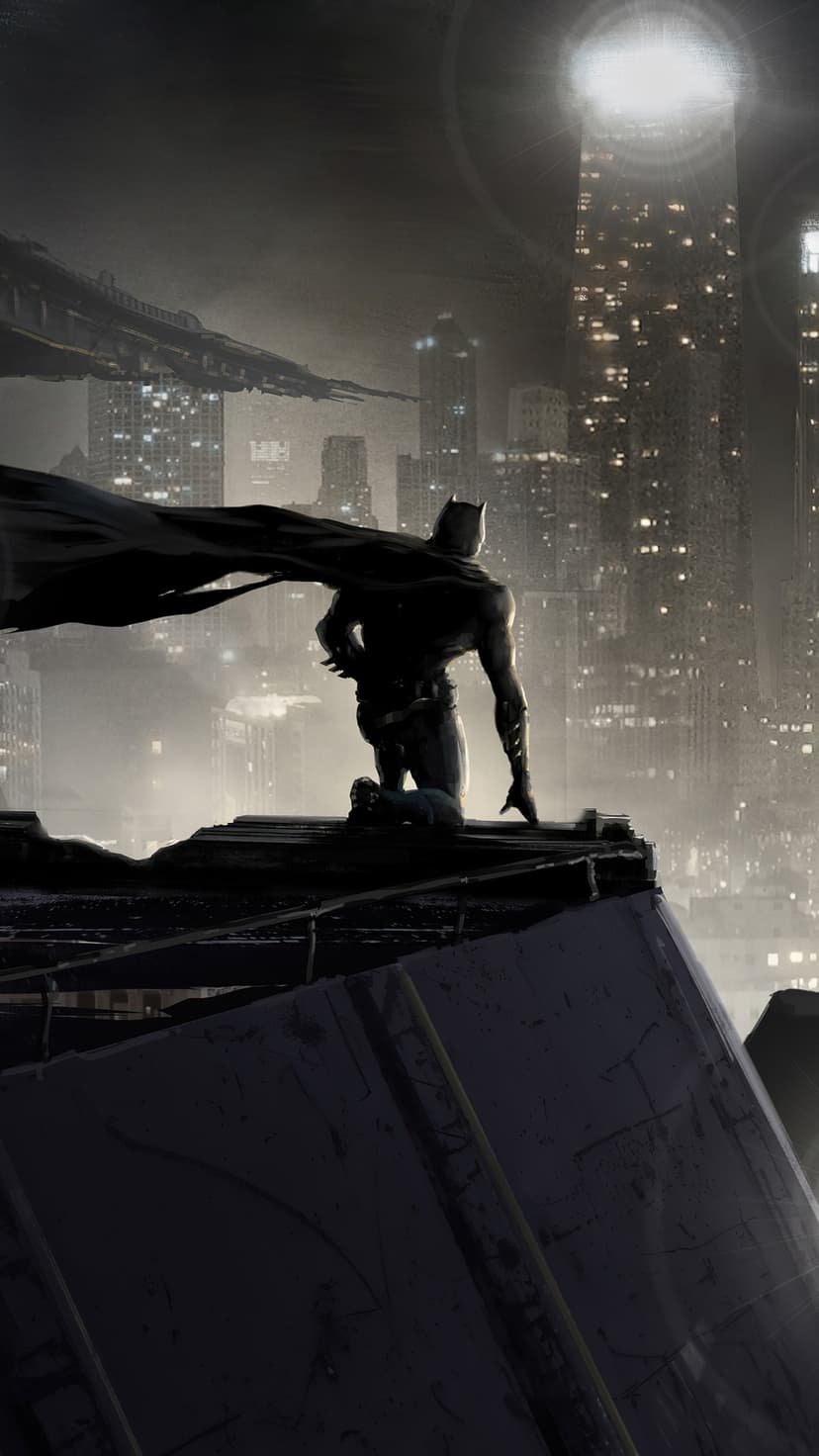Batman kneels on a gritty rooftop overlooking the illuminated skyscrapers and foggy night sky of Gotham City.