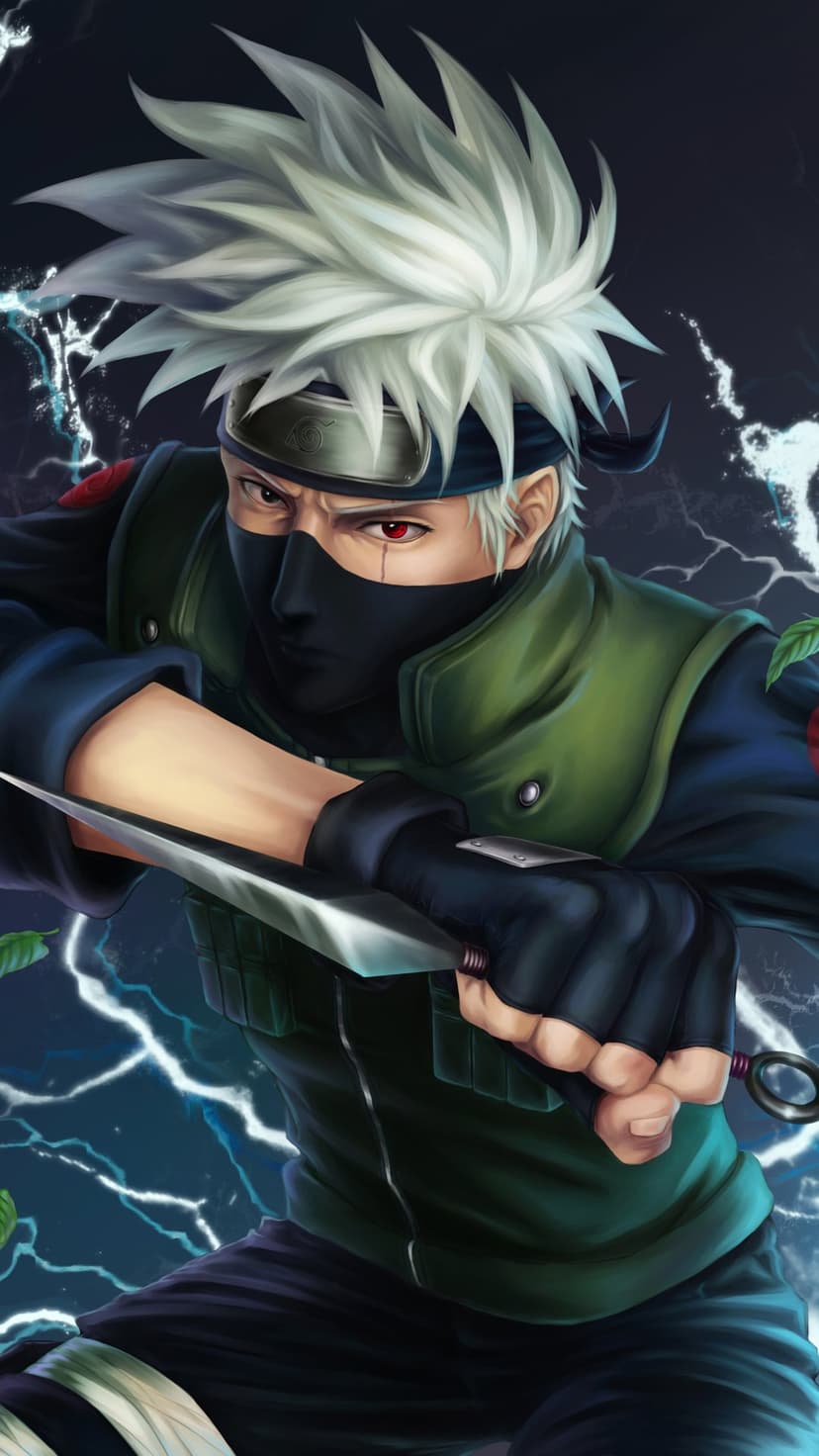 Kakashi Hatake reveals his red Sharingan while wielding a kunai amidst surges of blue electricity and lightning.