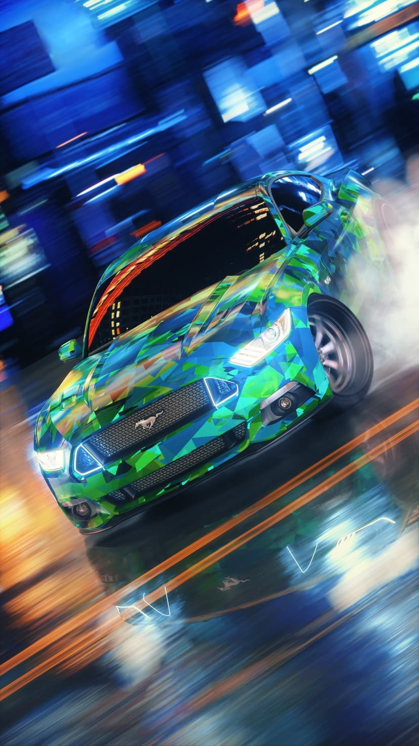 Ford Mustang with blue and green geometric patterns drifting on a wet neon city street with tire smoke trails.