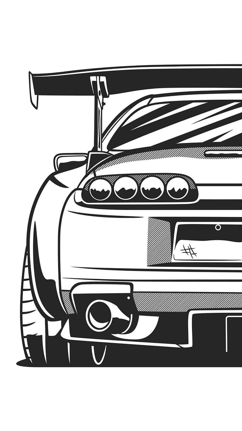 Toyota Supra rear spoiler, triple taillights, and large exhaust shown in a black and white high-contrast style.