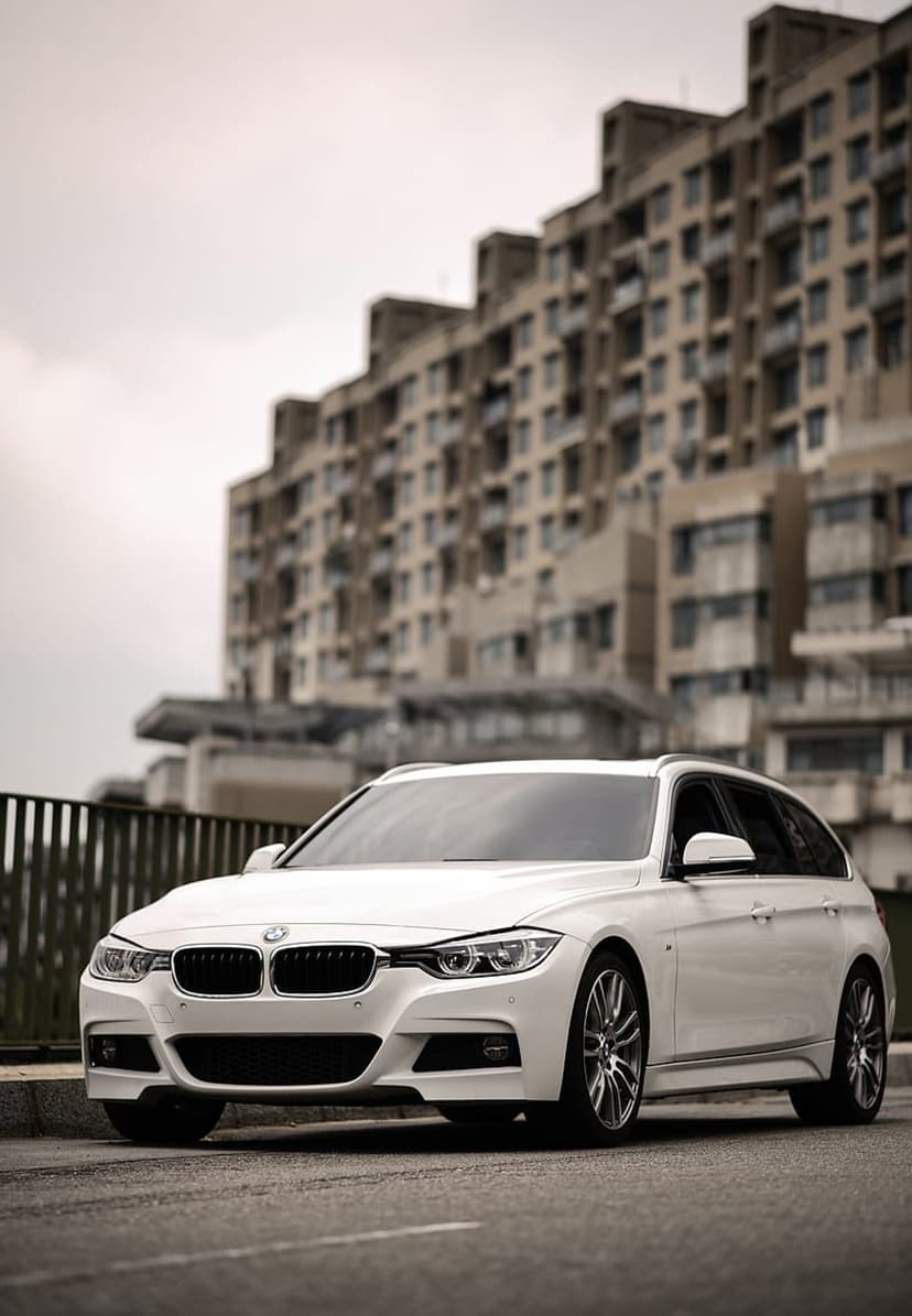 White BMW station wagon parked on a city street with modern tiered apartment buildings in the background.
