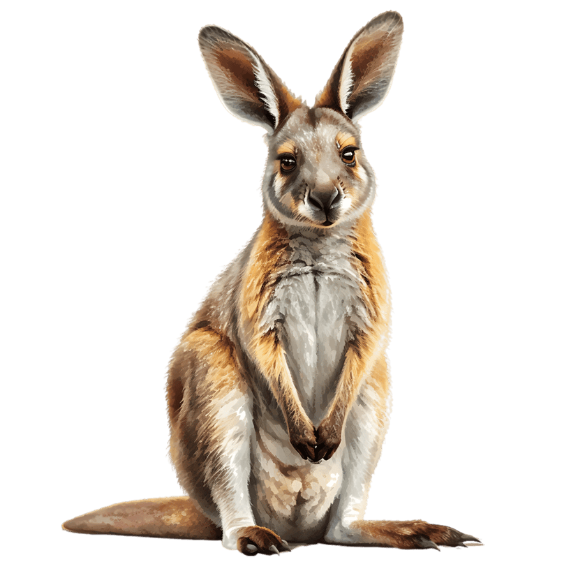 Kangaroo digital painting shows a brown marsupial sitting upright with paws held together on a black background.