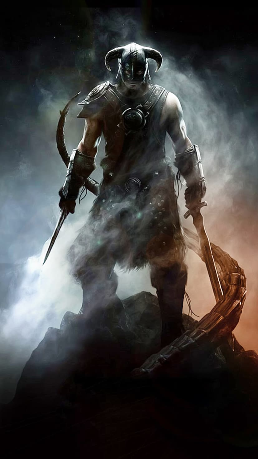 Warrior in horned iron helmet dual wielding swords amidst thick smoke and dark cinematic lighting on a rocky peak.