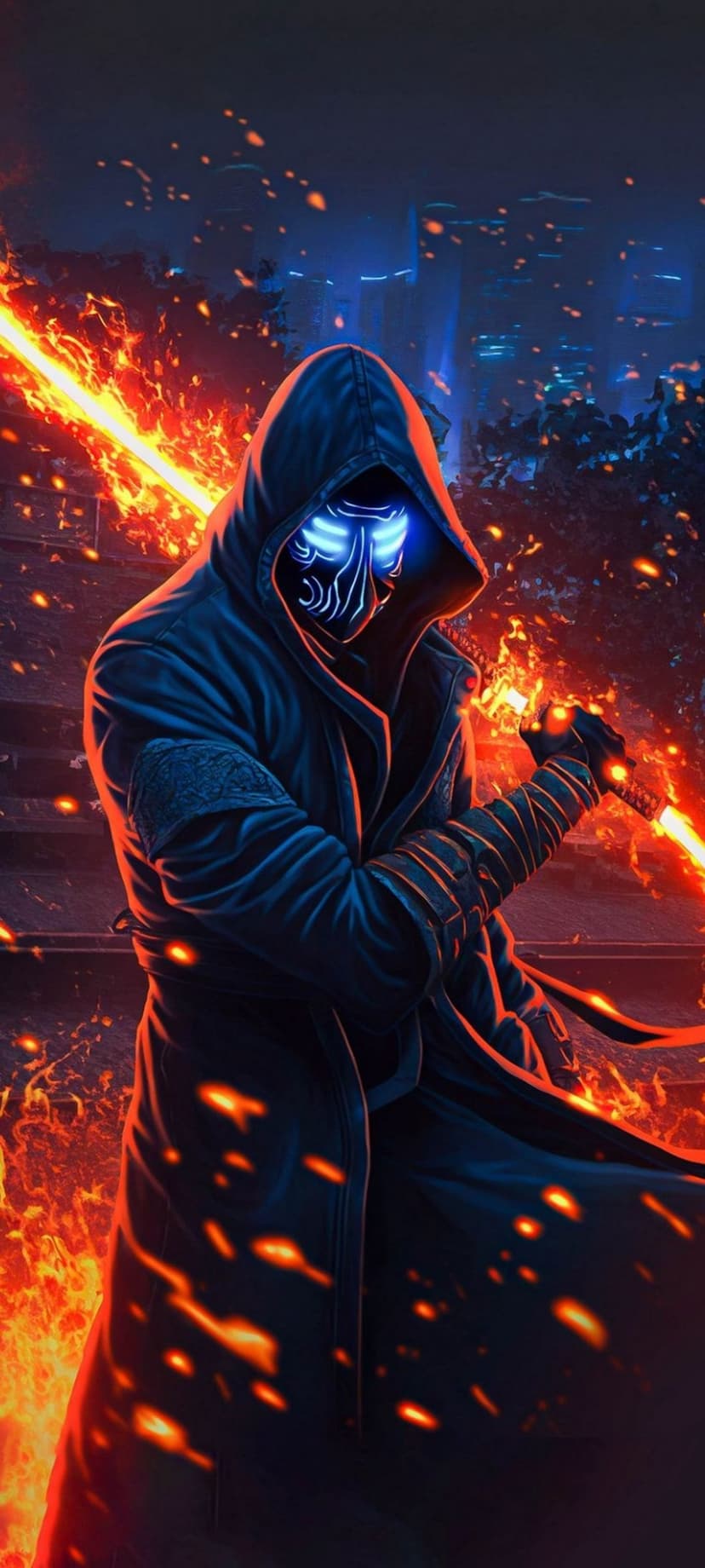 Hooded cybernetic samurai holding a glowing orange sword against a burning futuristic city background.