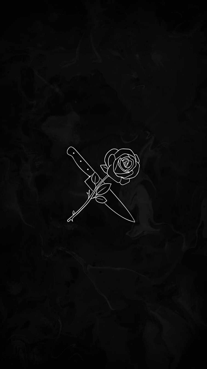White rose petals and a sharp dagger blade intertwined in minimalist line art on a dark textured background.