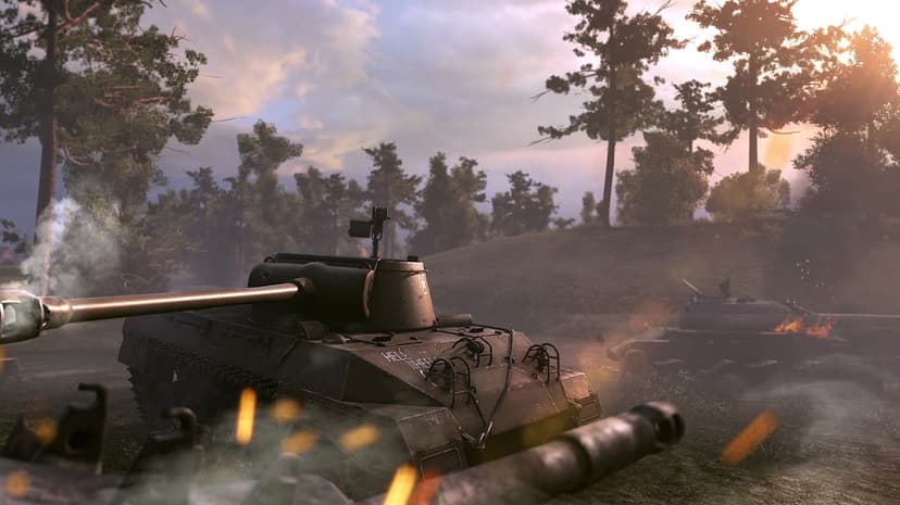 M18 Hellcat tank marked Hell on Wheels firing in a forest at sunset with a burning tank in the distance.