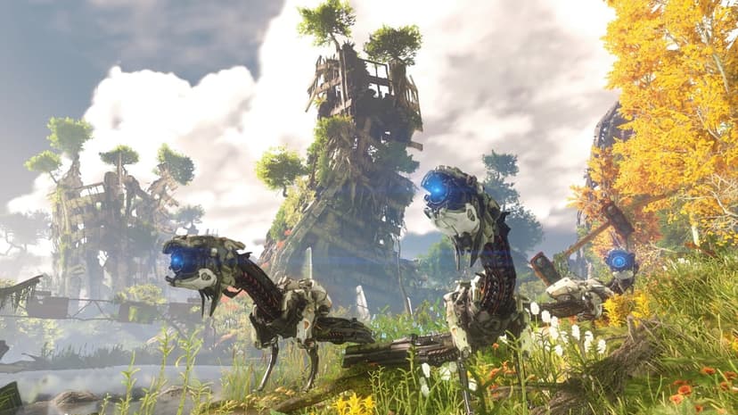 Three robotic watchers with blue glowing eyes stand among overgrown city ruins and golden autumn trees.