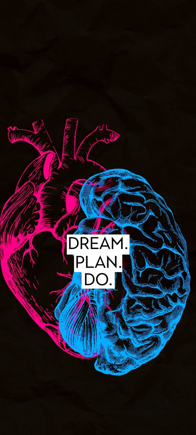 Pink heart and blue brain side-by-side with the white text DREAM PLAN DO centered on a minimalist background.