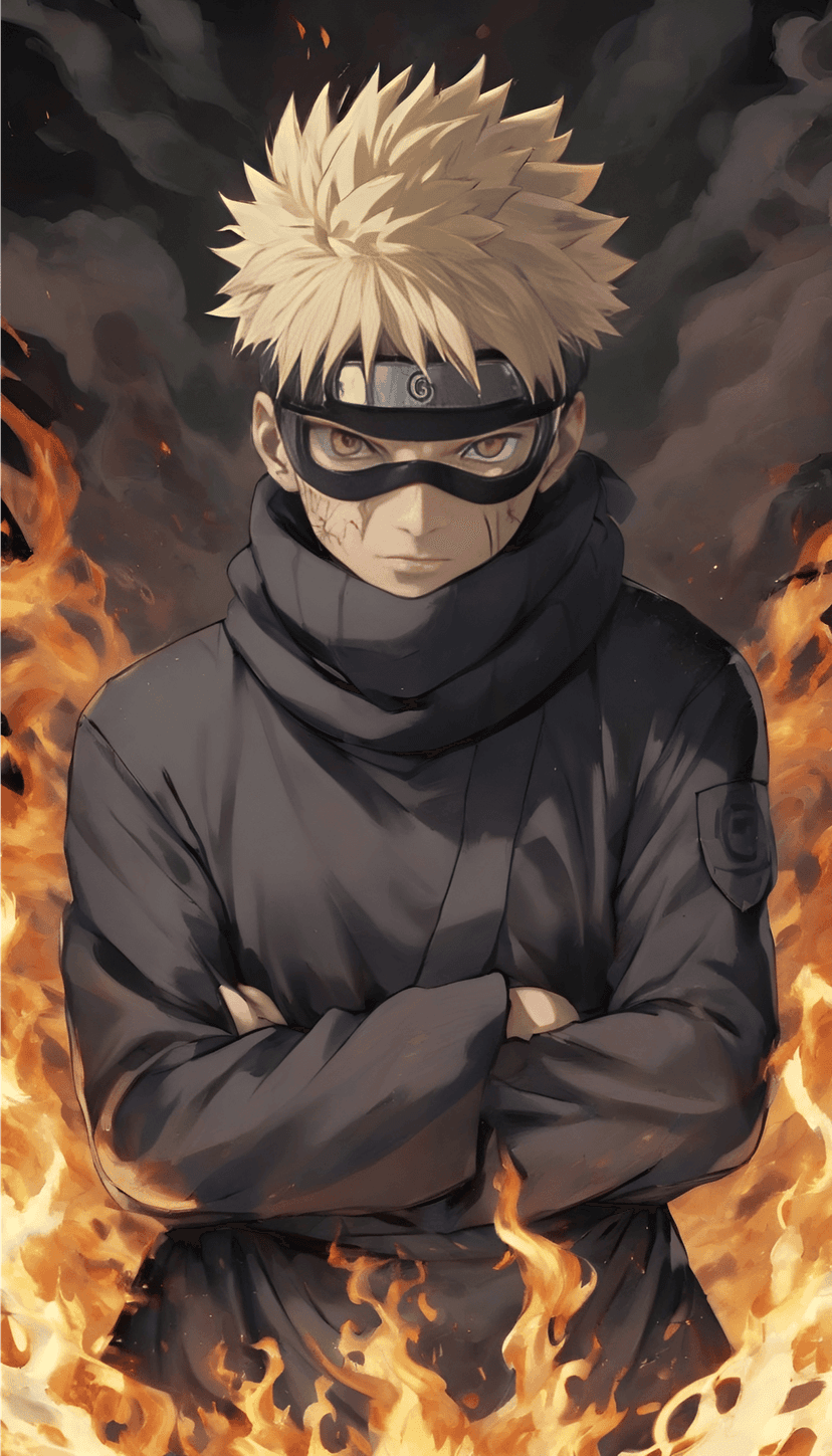 Naruto Uzumaki wears a black headband and uniform while surrounded by swirling orange flames and glowing embers.