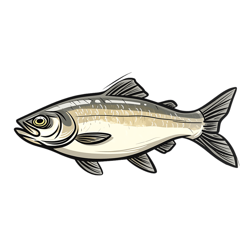 Silver fish illustration shows a metallic aquatic creature in profile against a solid black background.