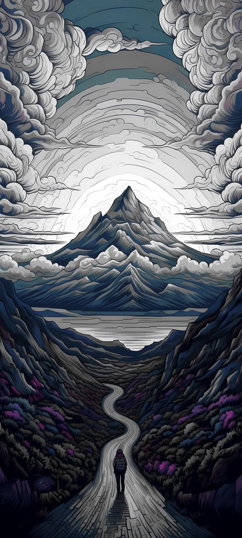 A person walks along a winding mountain road toward a bright sun breaking through dark clouds near a serene lake.