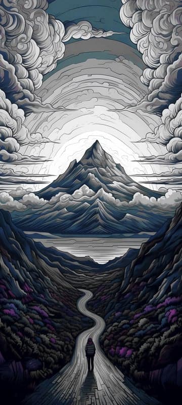 Lone figure walks winding road towards majestic mountains and sun