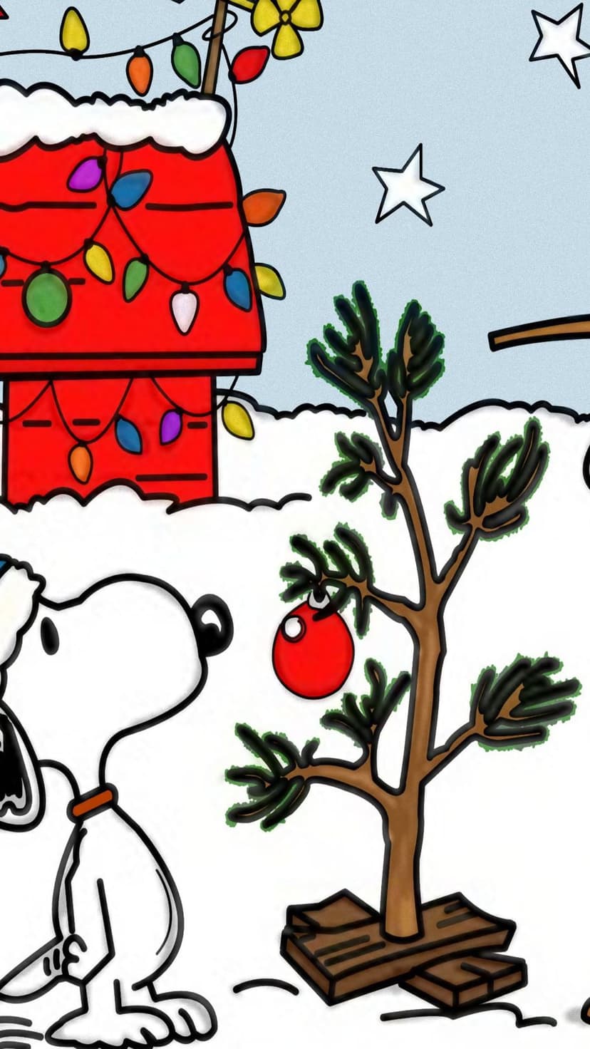 Snoopy stands near a thin Christmas tree with one red ornament in a snowy setting with a decorated doghouse.