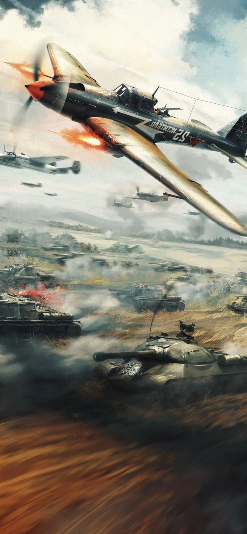 Soviet Il-2 Sturmovik aircraft flying over IS-2 tanks in a fiery WWII battlefield with smoke and explosions.