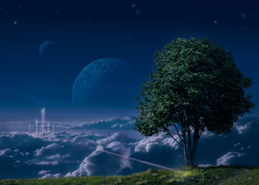 Solitary green tree on a grassy hill overlooking a sea of clouds, twin planets, and glowing spires of a city.