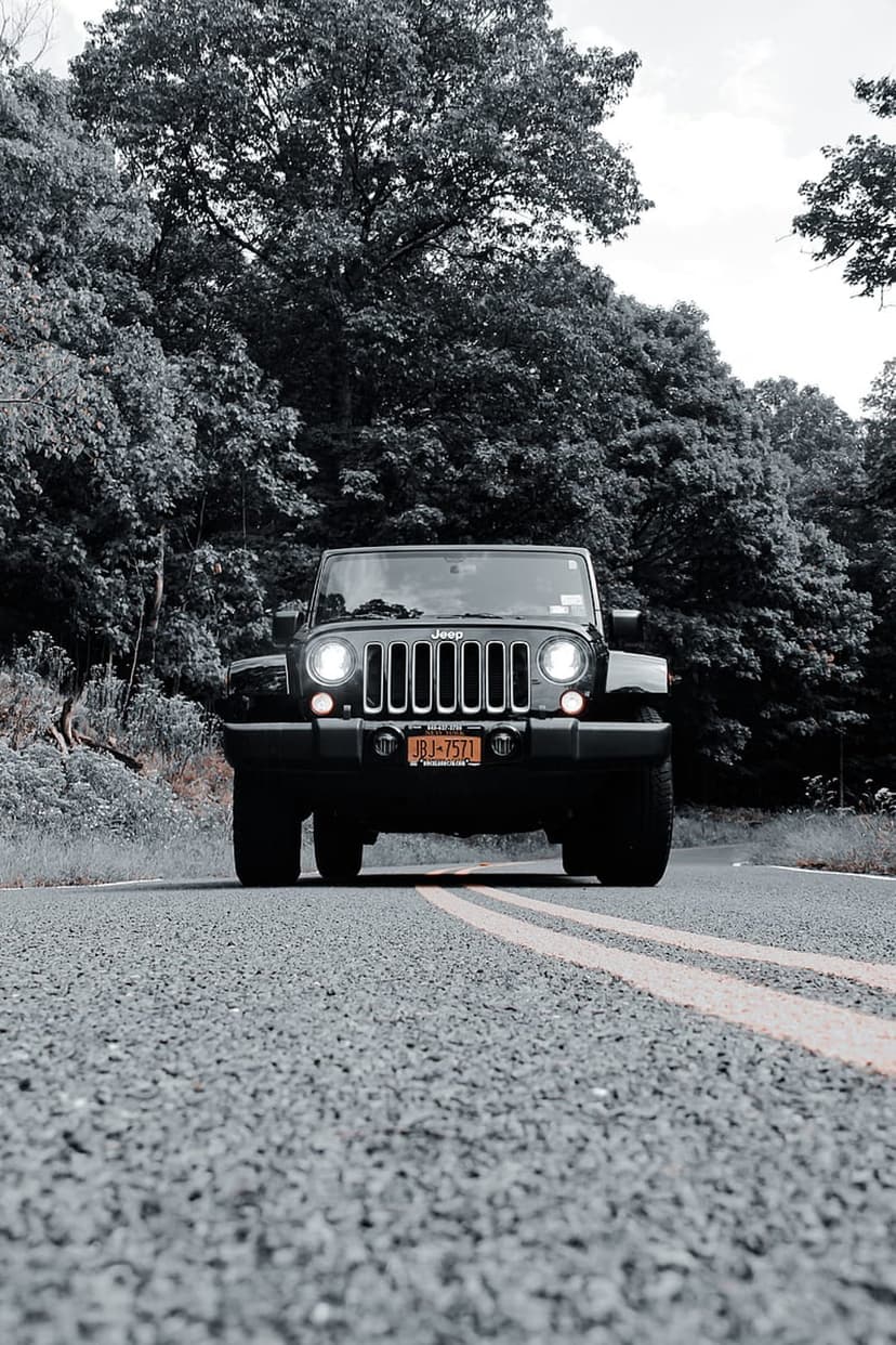 Black Jeep Wrangler with glowing headlights drives on an asphalt road through a dense, lush green forest.
