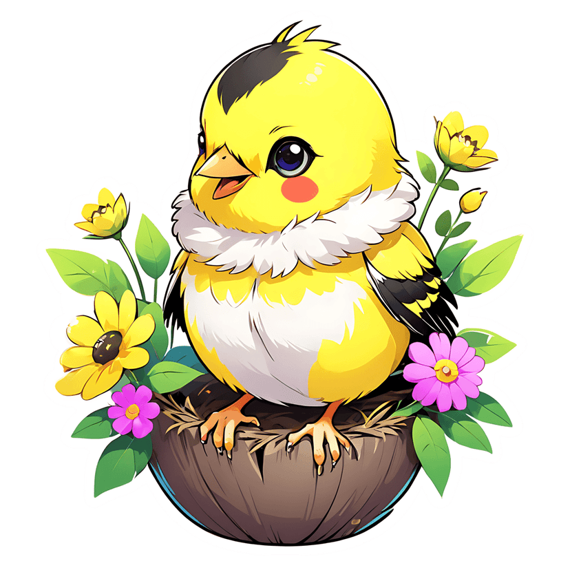 Yellow chick bird sticker illustration sits inside a straw nest with pink flowers and green leaves on white.