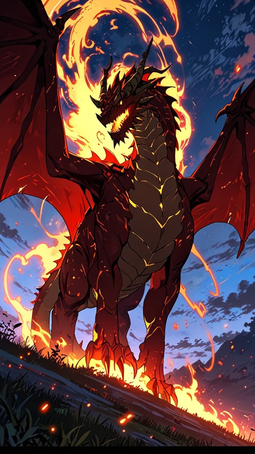 Red dragon with outstretched wings stands within a circle of orange flames against a dark mountain landscape.