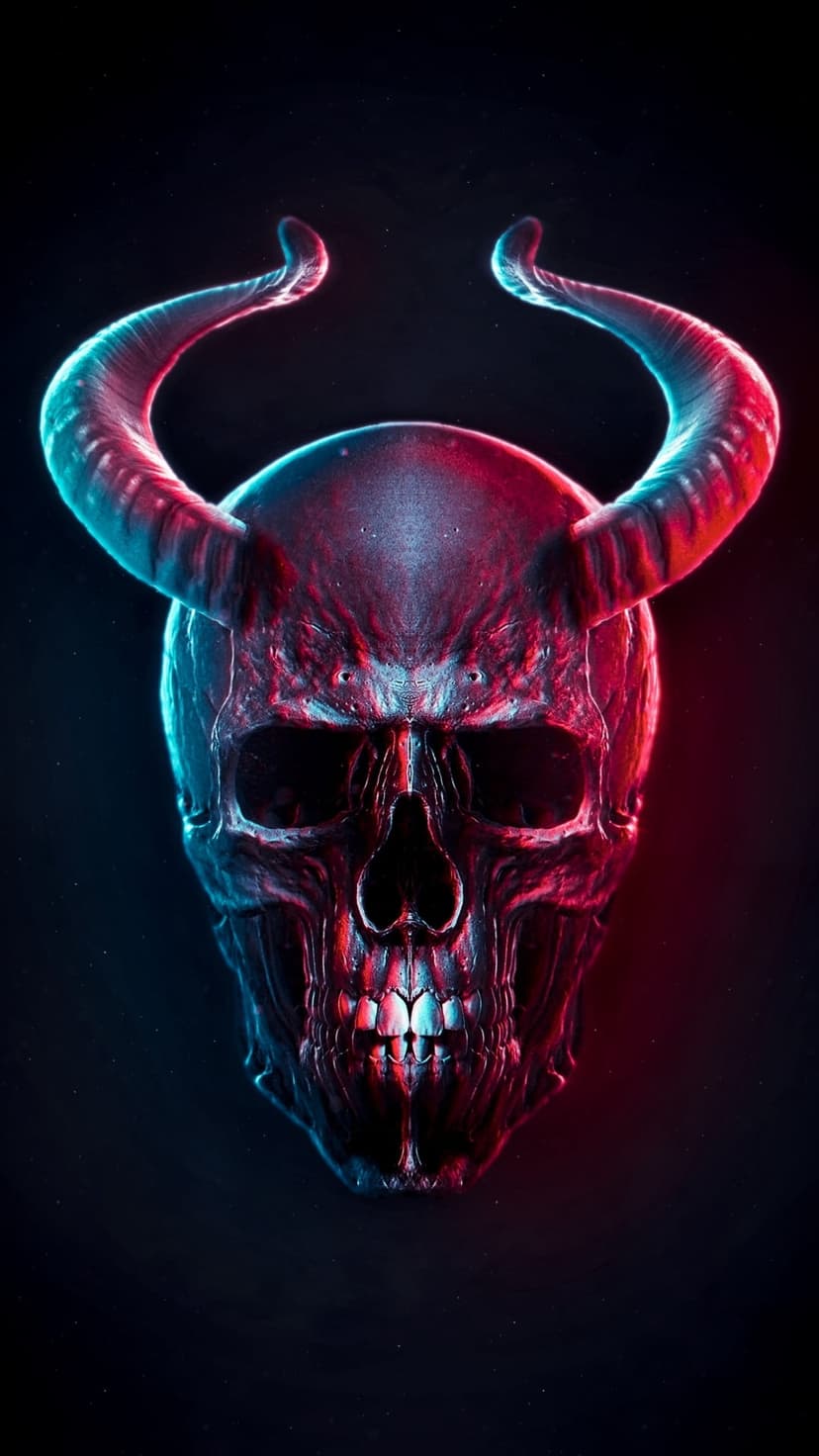 Demonic skull with curved horns glowing in red and blue neon light against a dark starry background for a phone.